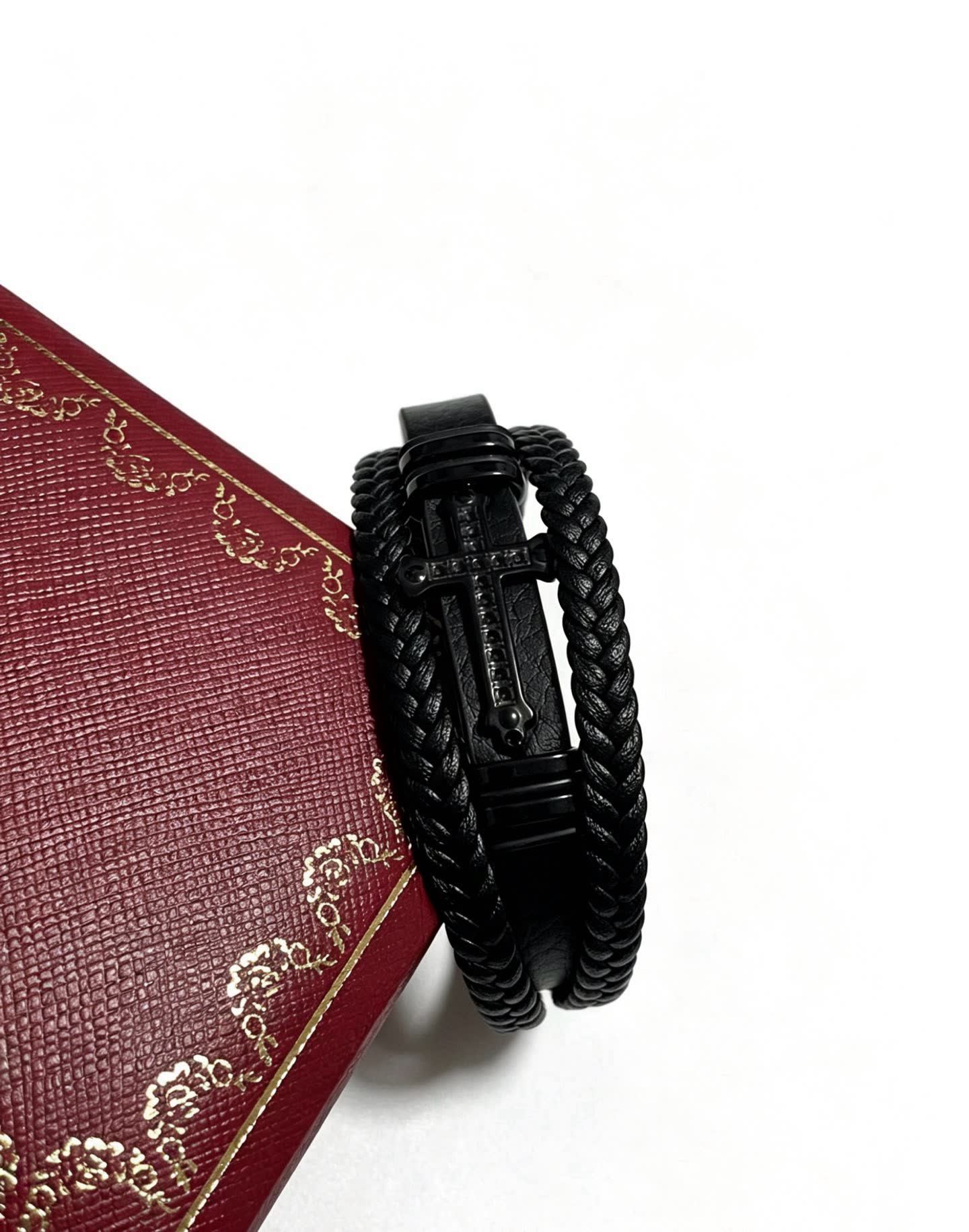 Chrome Hearts Black Braided Leather Bracelet with Cross Clasp